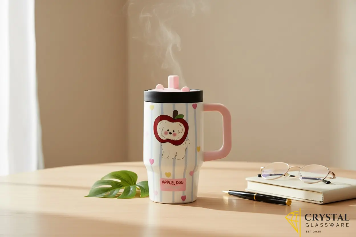 Cute striped thermal mug with a handle, lid, and an "Apple, Dog" puppy — Crystal Glassware Pakistan